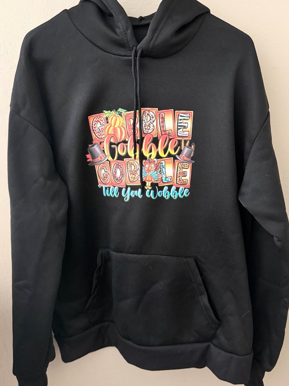 Black "Gobble Till You Wobble" Graphic Hoodie Sweatshirt Women Girls Sz XL